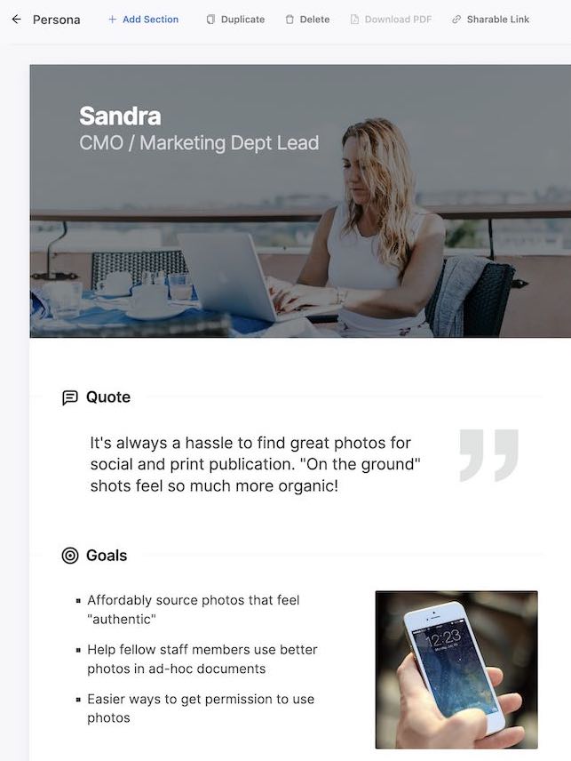 User persona example screenshot - Sandra CMO / Marketing Lead, quote, goals...