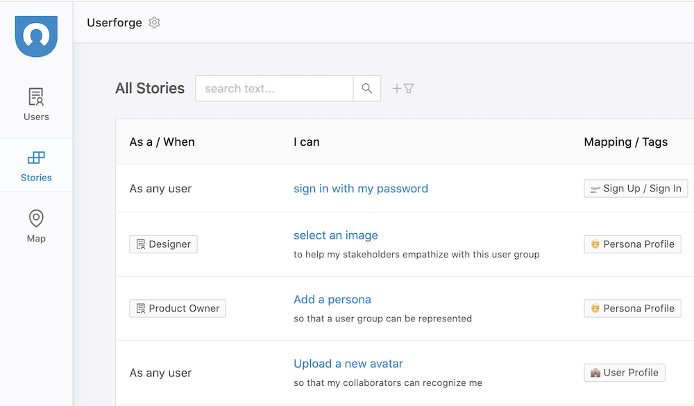 screenshot of a list of user stories with meta data tags